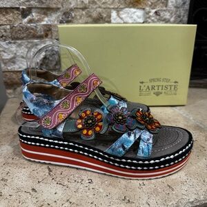 Spring Step L'Artiste Janayle Blum Floral Leather Platform Sandals Sz 40 / US 9